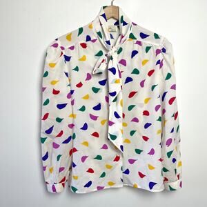 Vintage 80s Satin Pussybow Blouse Medium Feminine Twee Office Abstract Colorful